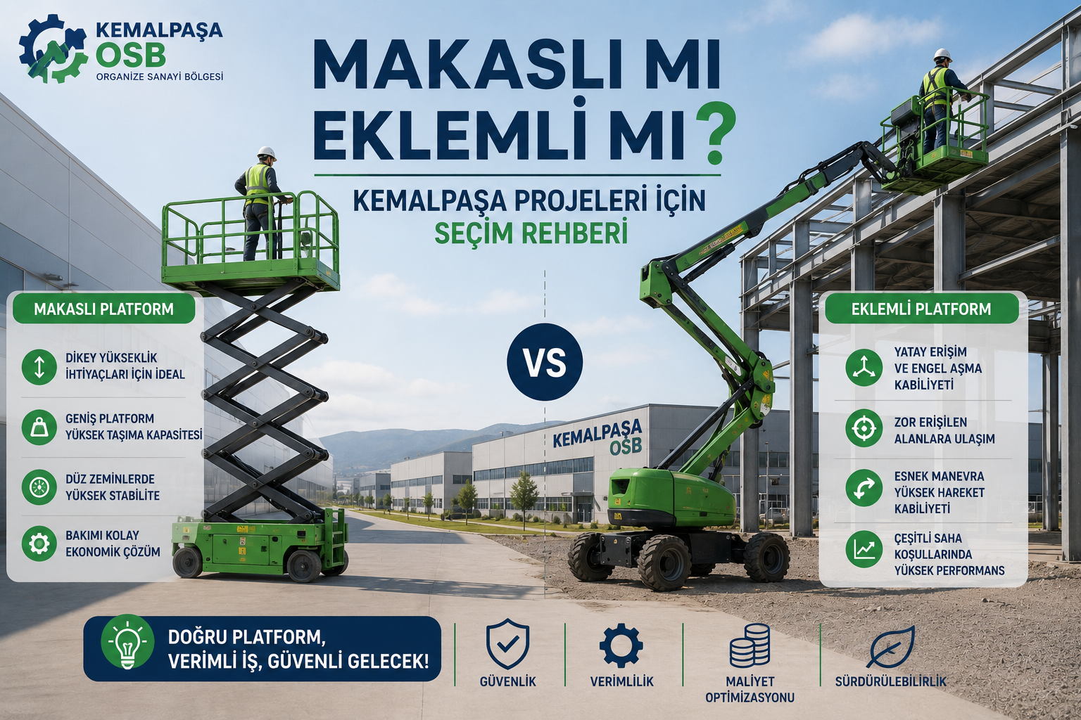 Kemalpaşa OSB'de makaslı platform ve eklemli platform karşılaştırması yapan manlift kiralama rehberi görseli