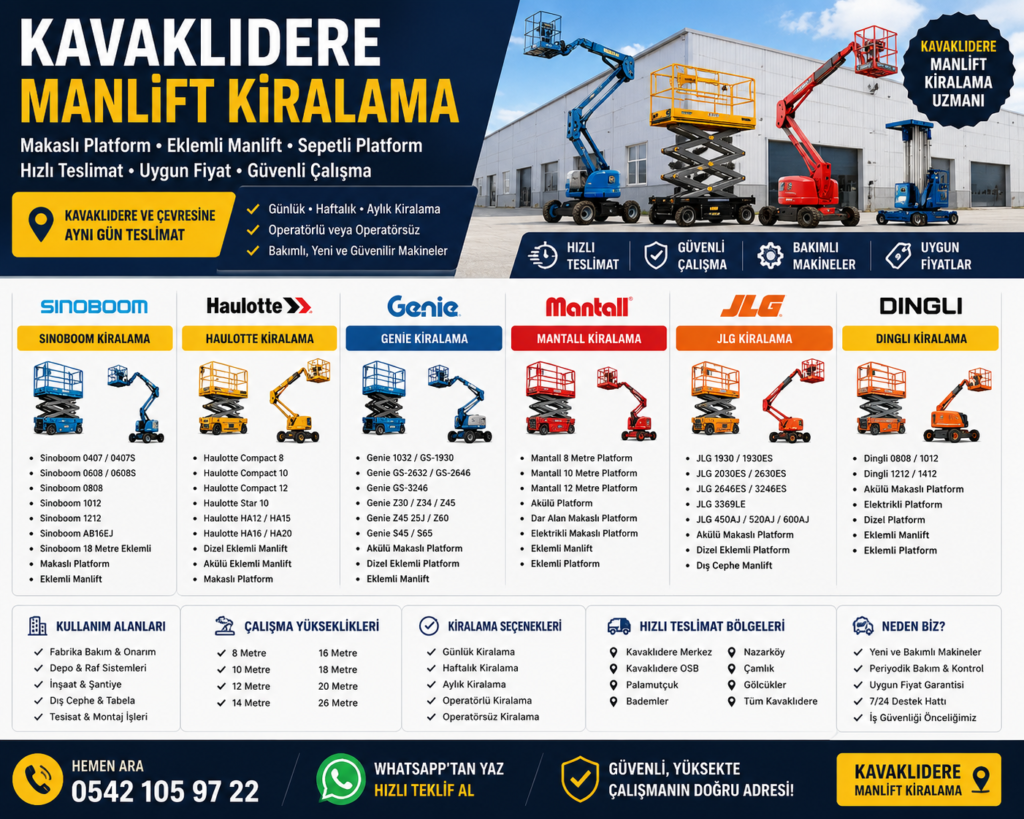 Sinoboom, Haulotte, Genie, Mantall, JLG, Dingli için ayrı SEO kartları Kemalpaşa OSB marka-model manlift kiralama bölümü