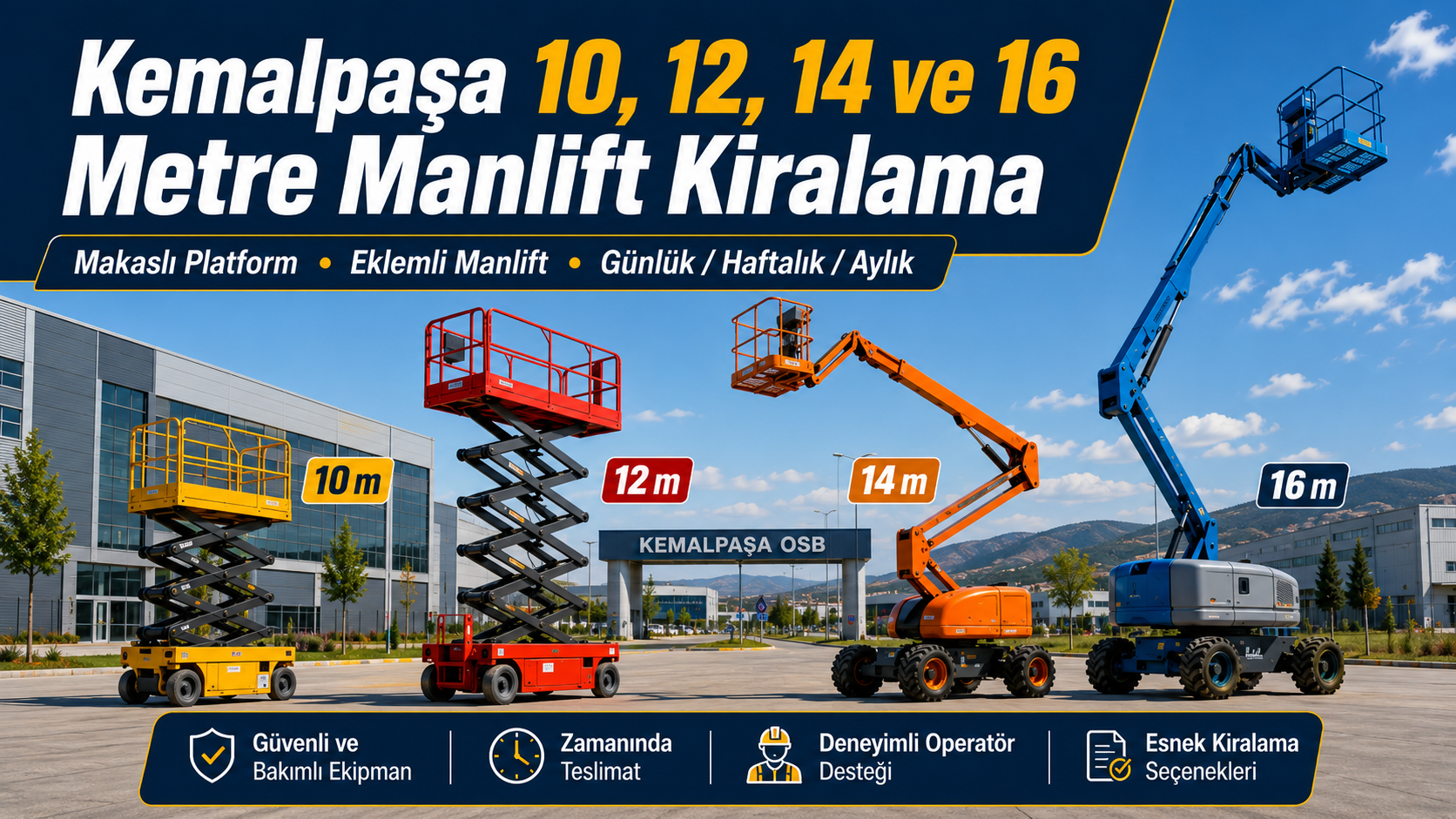 Kemalpaşa 10, 12, 14 ve 16 metre manlift kiralama için makaslı platform ve eklemli manlift seçenekleri